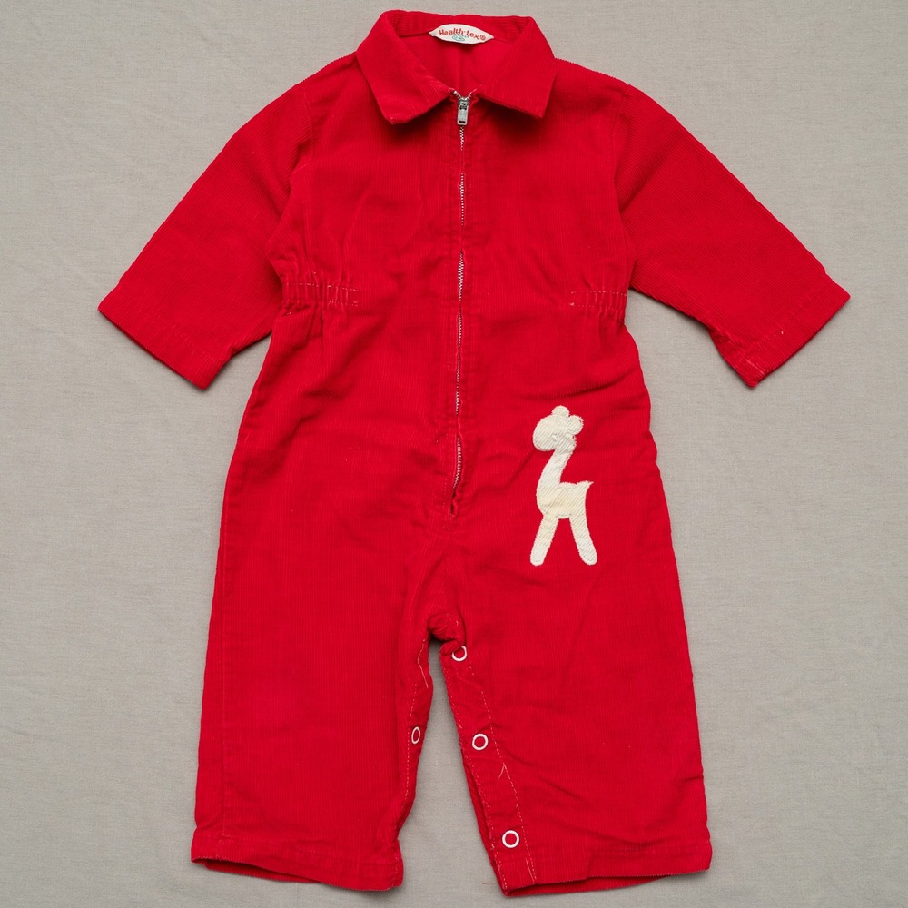 Vintage 70s Health-Tex 12mo Corduroy Red Giraffe Falcon Zip Up 12mo